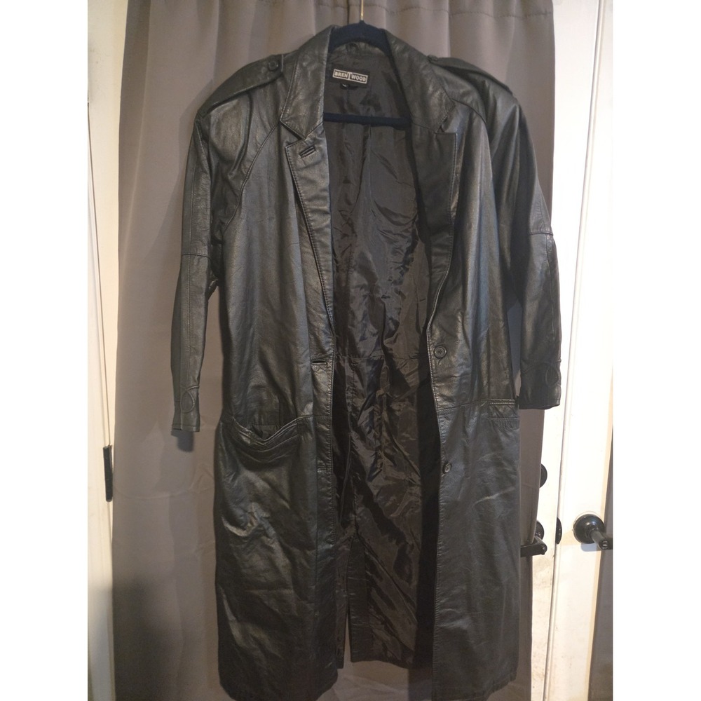 Vintage Brentwood Leather Coat Trench Long Retro Sleeve Epilets Black Women's M